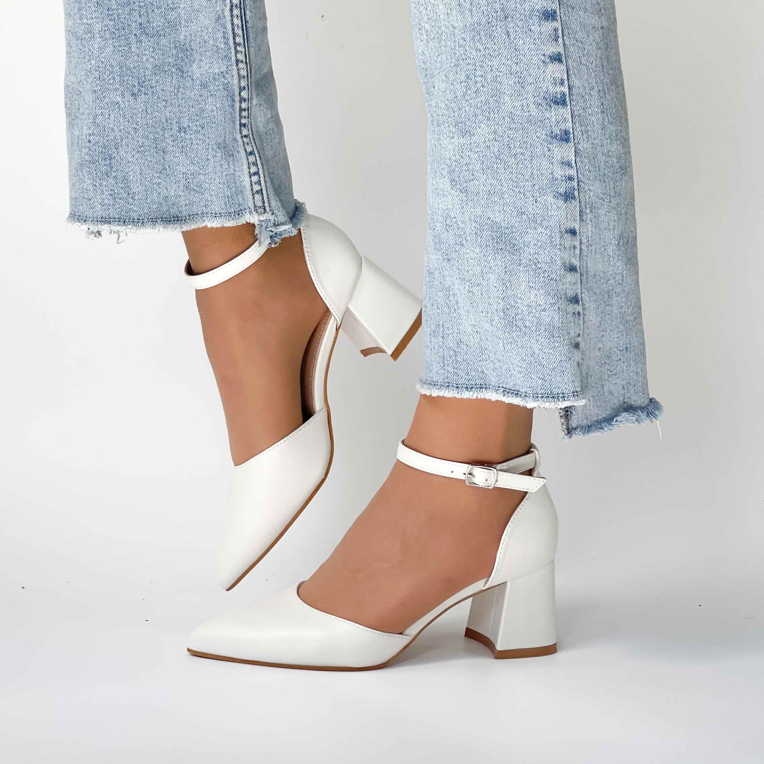 Zapatos blancos taco bajo punta fina elegantes 272 - Imagen 4