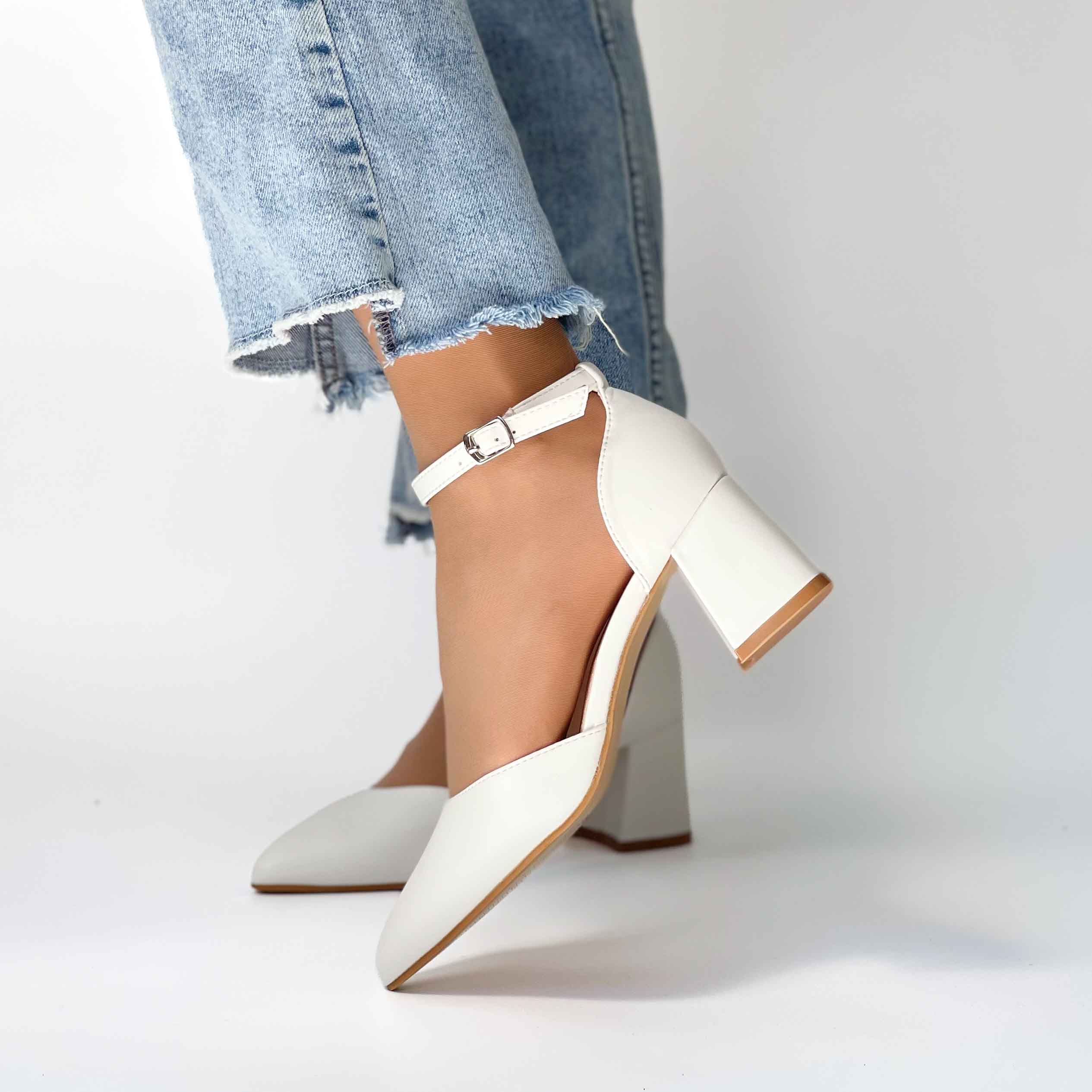 Zapatos blancos taco bajo punta fina elegantes 272 - Imagen 2